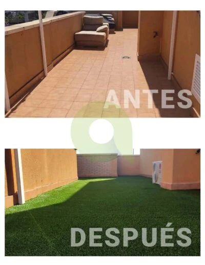 Instalación de césped artificial en una terraza