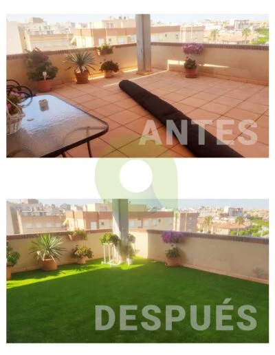 Instalación de césped artificial en una terraza