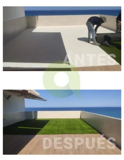 Instalación de césped artificial en una terraza
