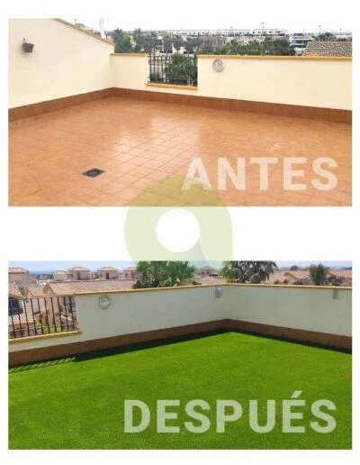 Instalación de césped artificial en una terraza