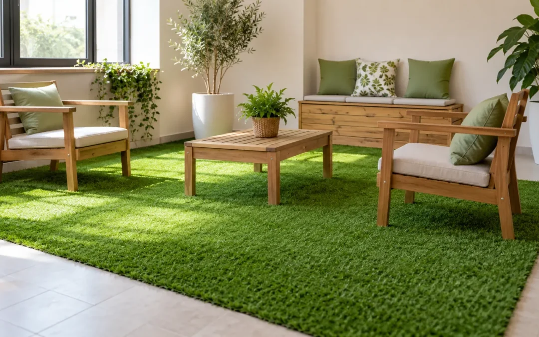 Zona interior con césped artificial y muebles de madera