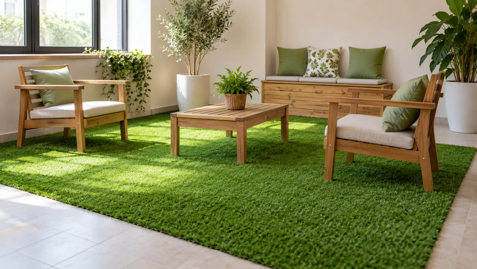 Zona interior con césped artificial y muebles de madera