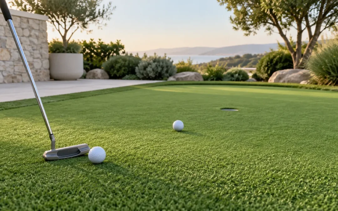 Putting green de césped artificial con bolas y palo de golf