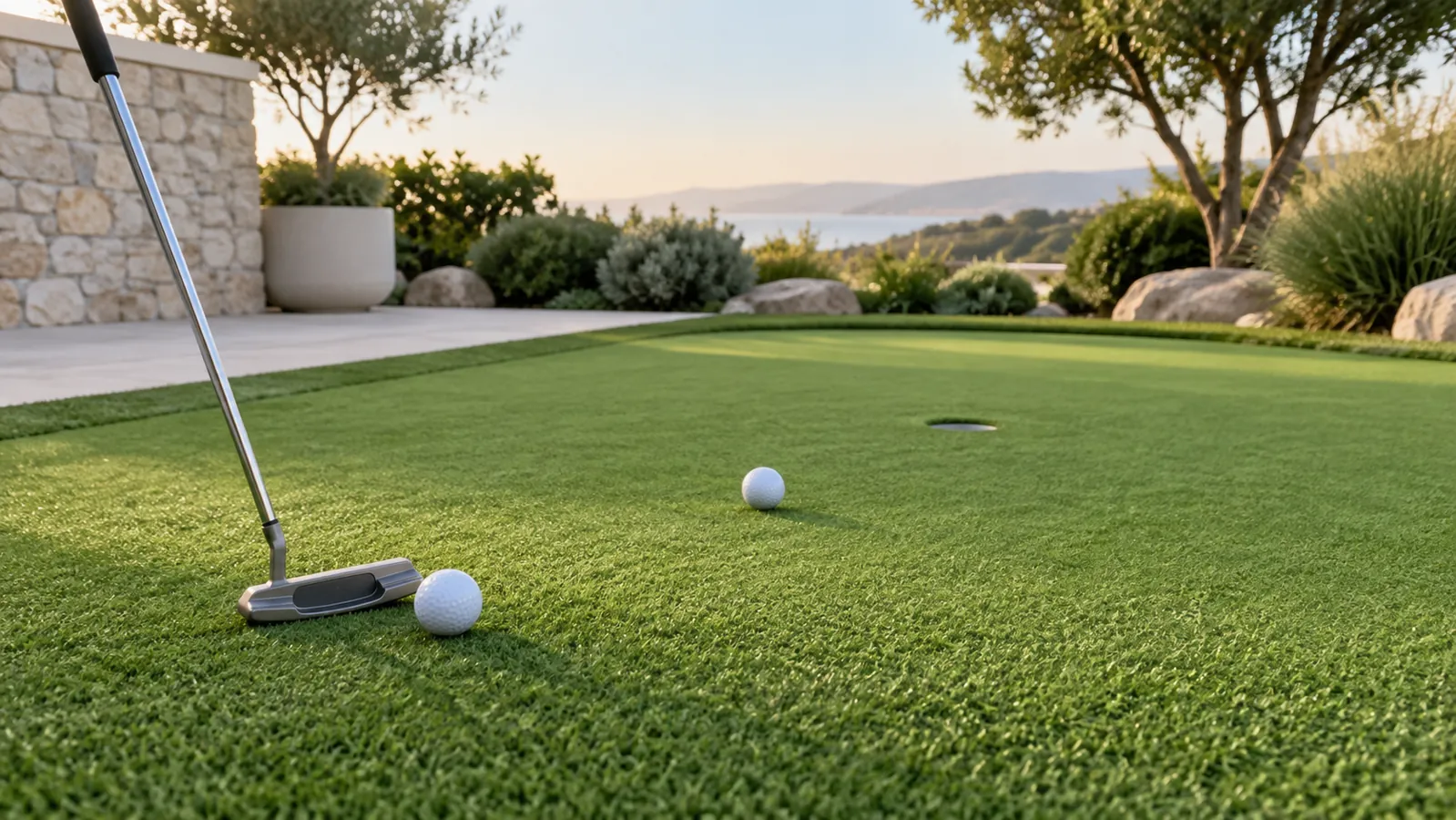 Putting green de césped artificial con bolas y palo de golf