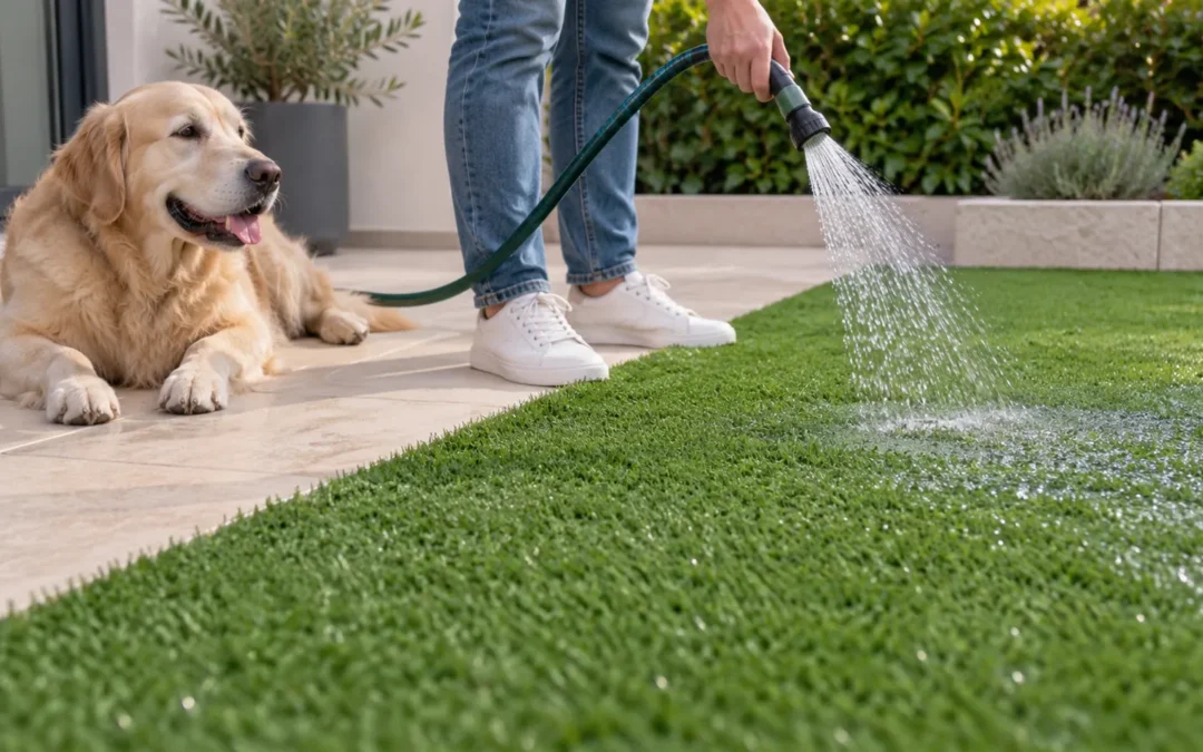 Limpieza con agua del césped artificial junto a un perro