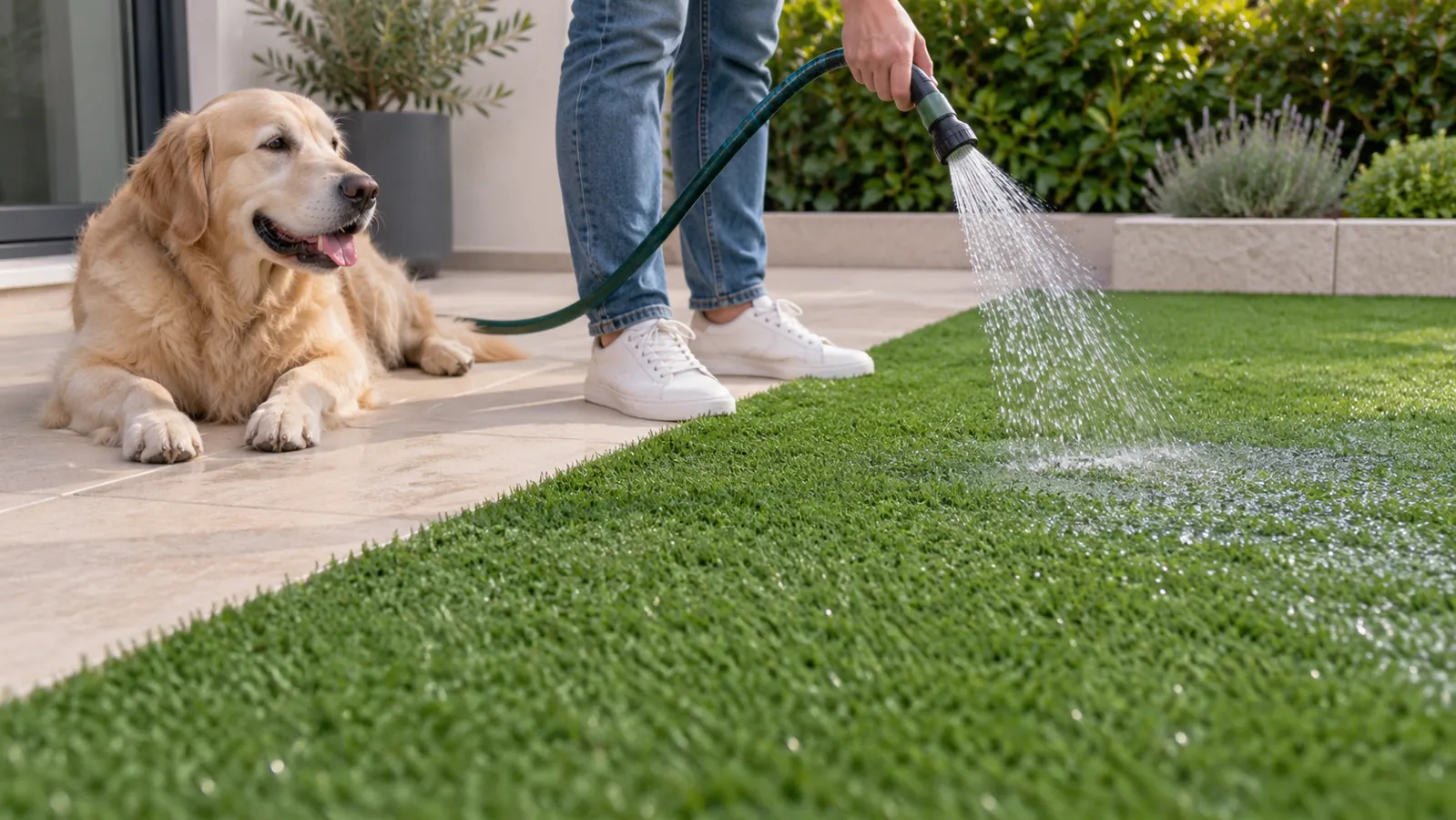 Limpieza con agua del césped artificial junto a un perro