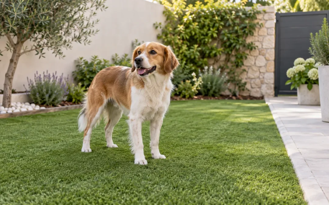 Perro en un jardín con césped artificial