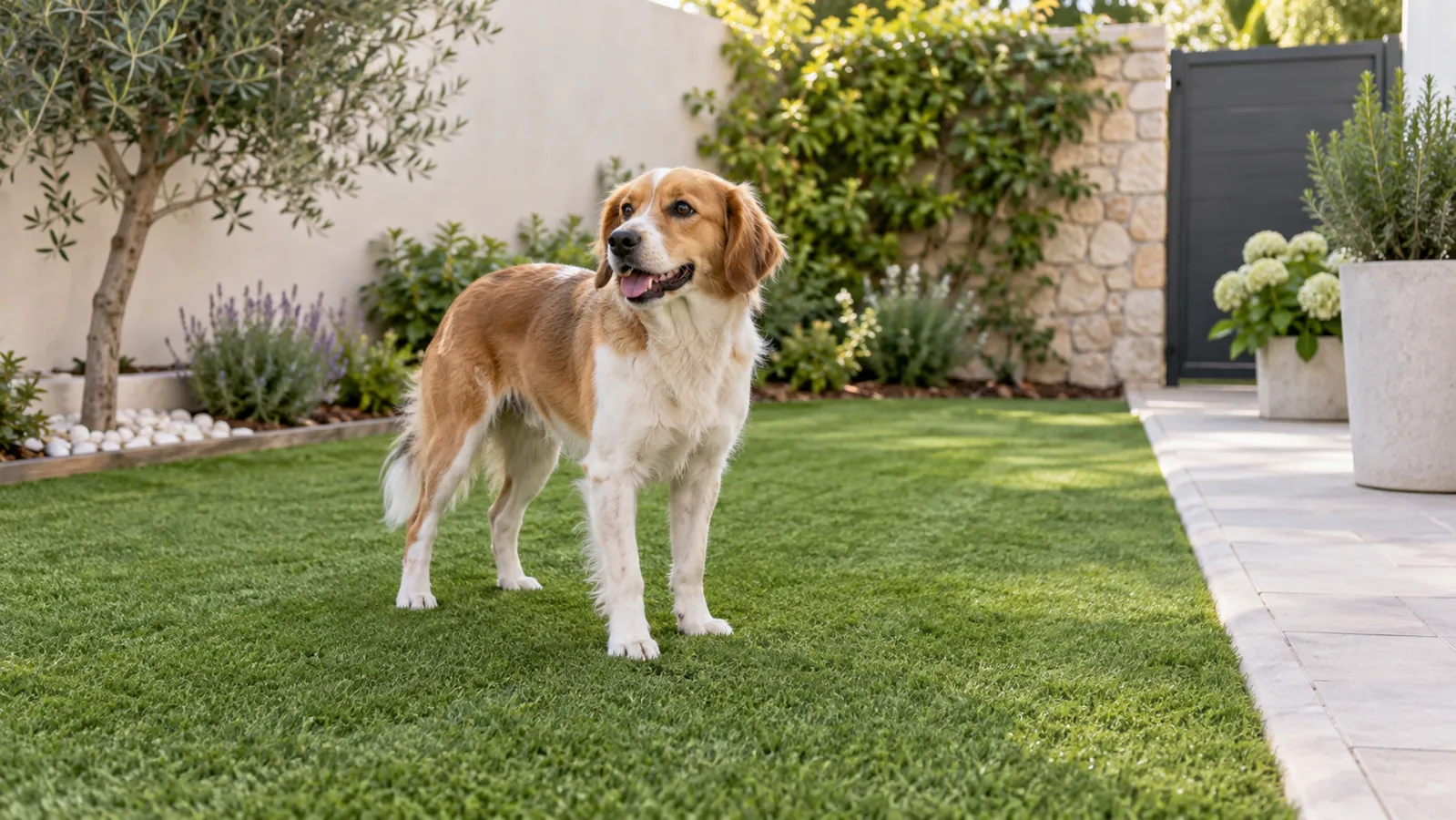 Perro en un jardín con césped artificial