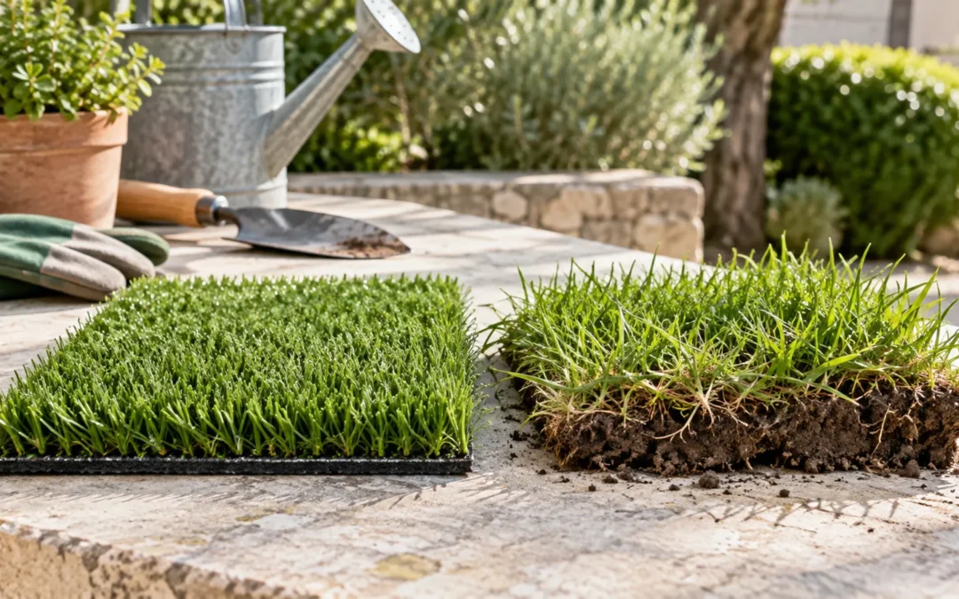 Muestra de césped artificial junto a un tepe de césped natural