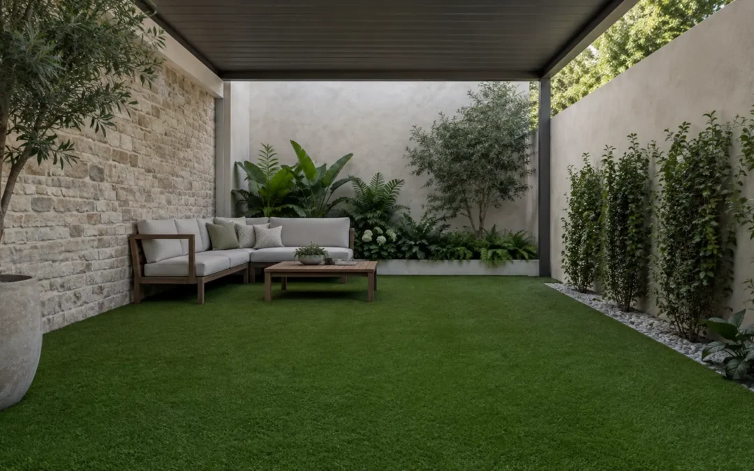 Césped artificial en un patio bajo una pérgola
