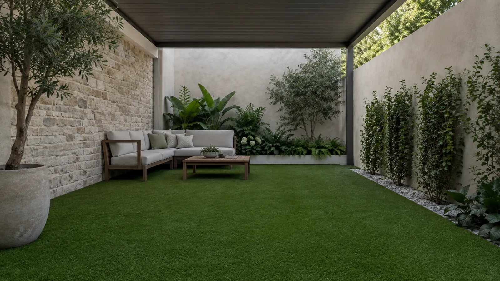 Césped artificial en un patio bajo una pérgola