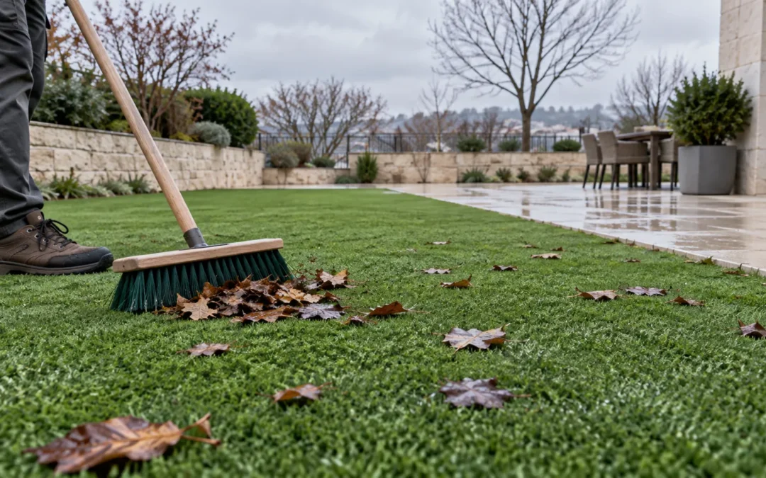 Retirada de hojas del césped artificial en invierno