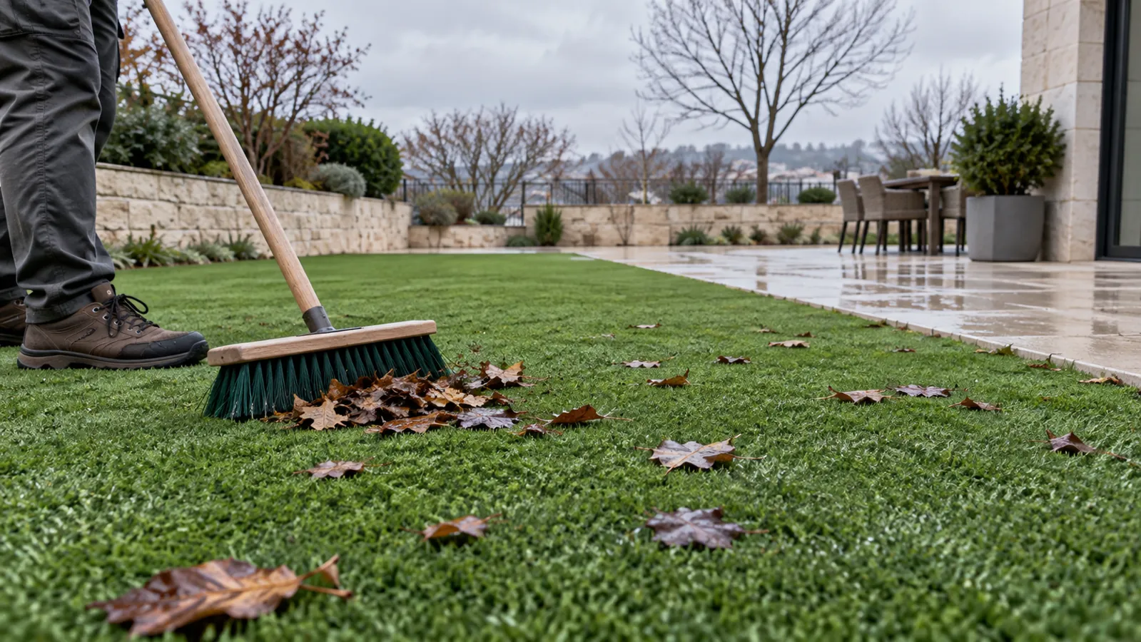 Retirada de hojas del césped artificial en invierno