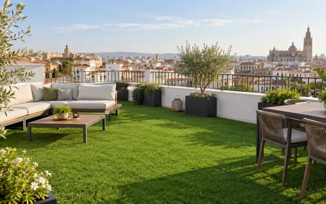Terraza en azotea con césped artificial y barandilla