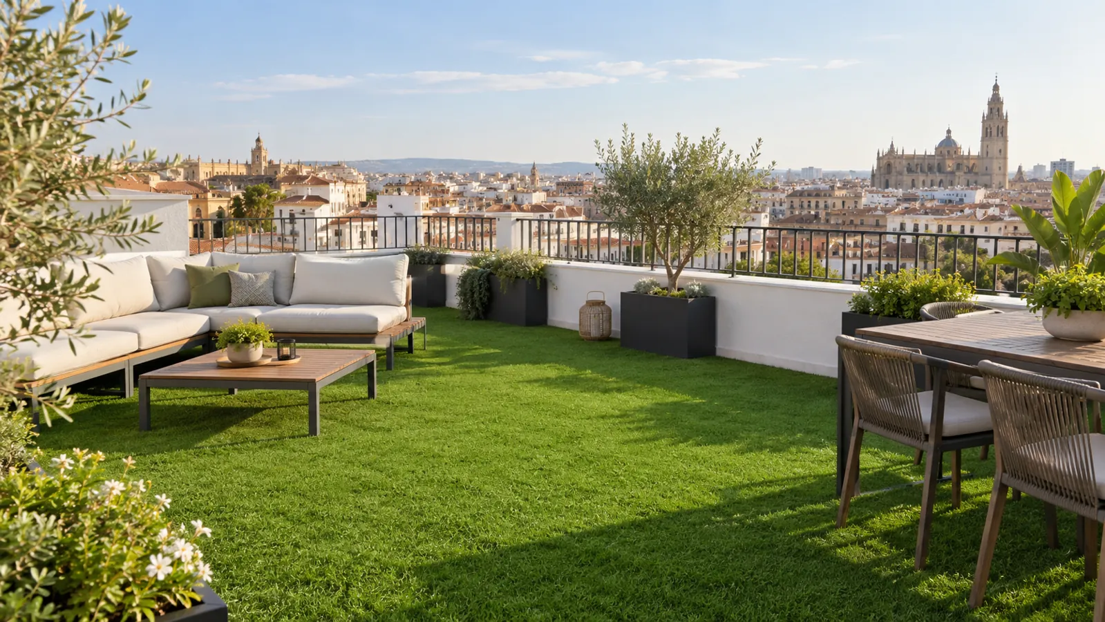 Terraza en azotea con césped artificial y barandilla