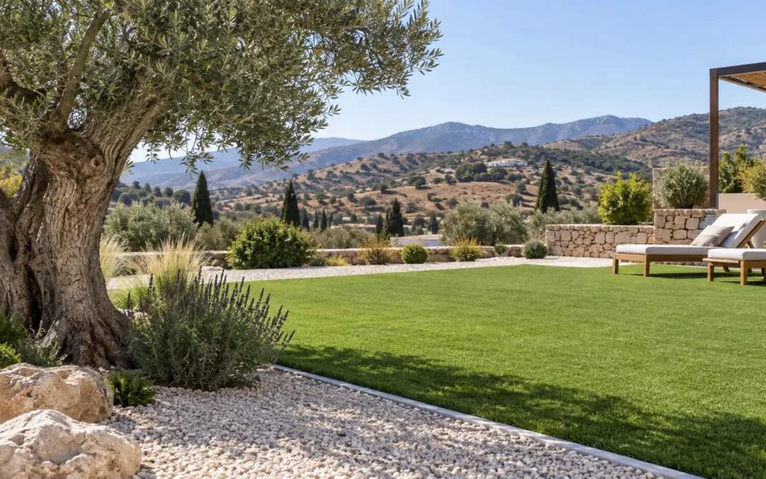 Césped artificial en un jardín con grava y vegetación mediterránea
