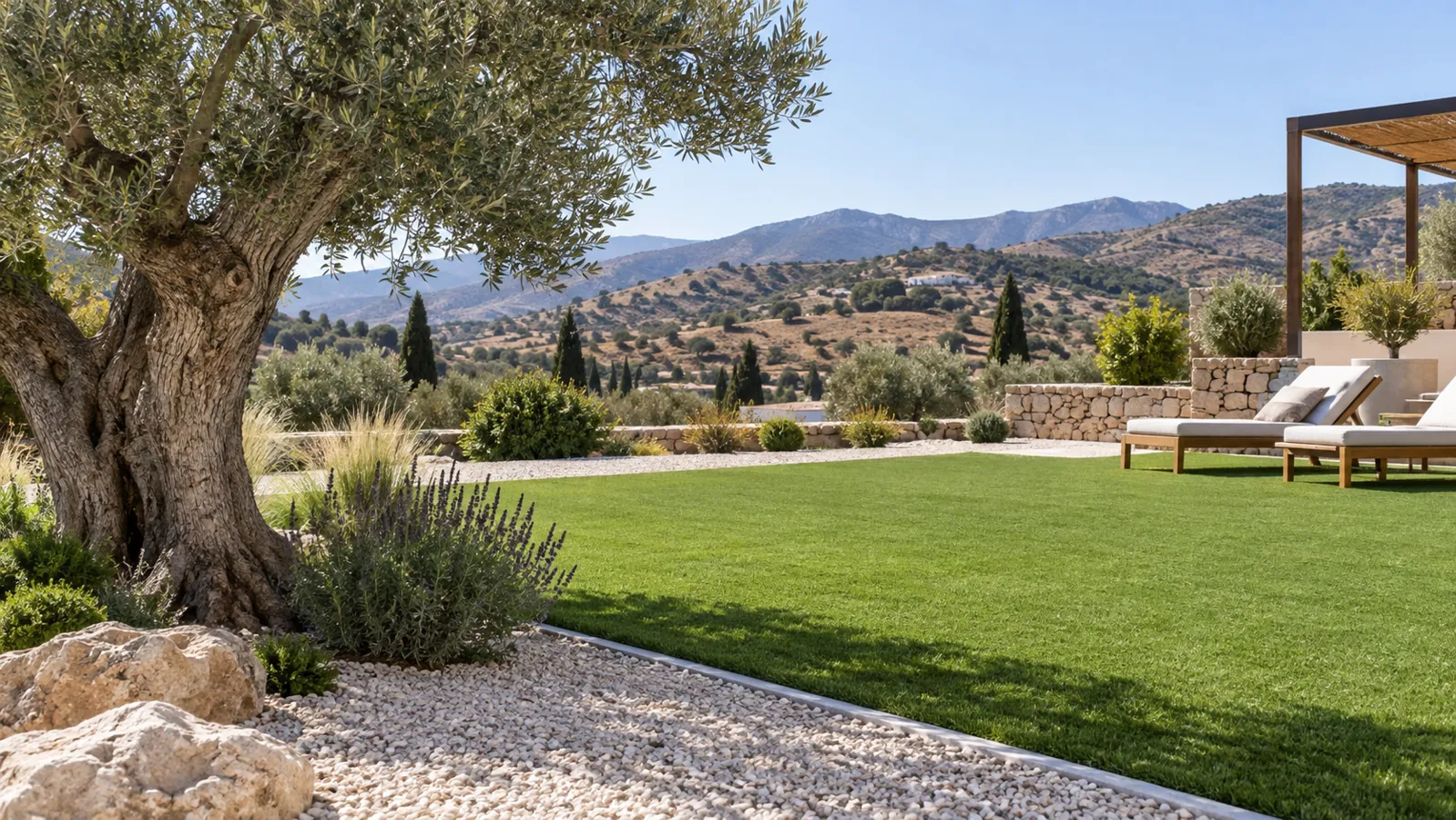 Césped artificial en un jardín con grava y vegetación mediterránea