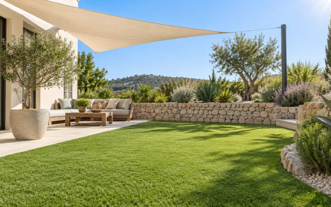 Jardín con césped artificial protegido por un toldo de sombra