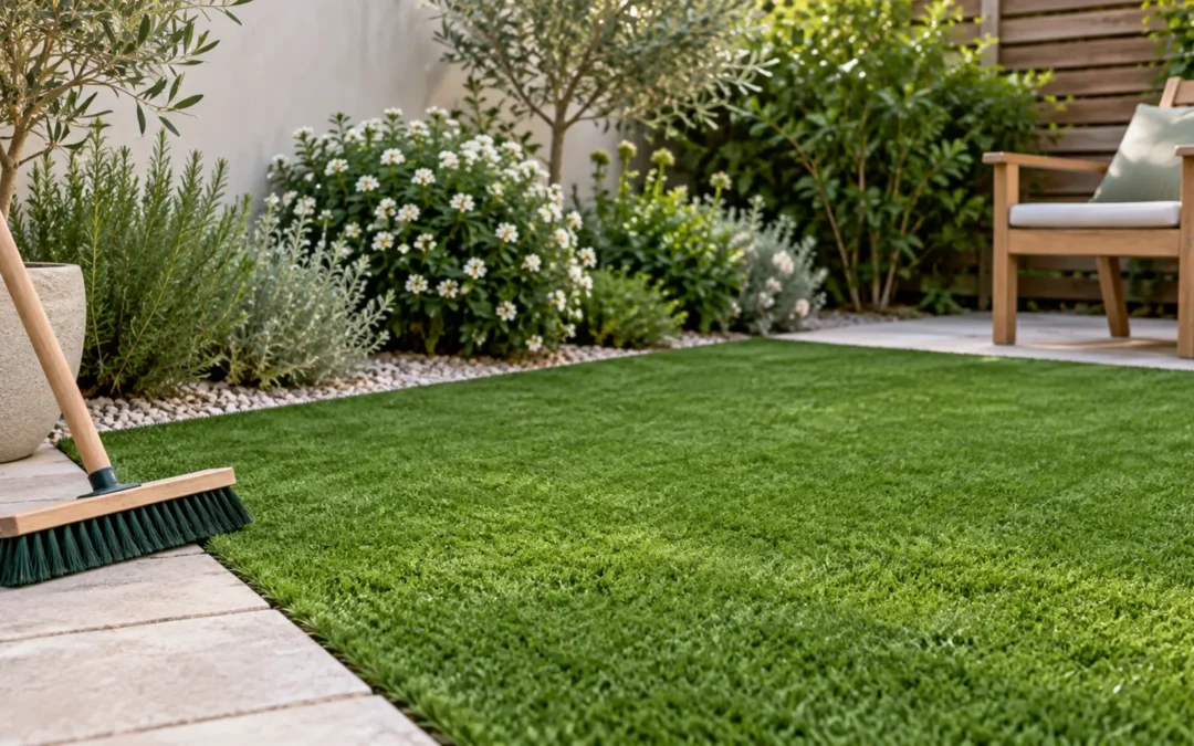 Jardín con césped artificial y cepillo para mantenimiento