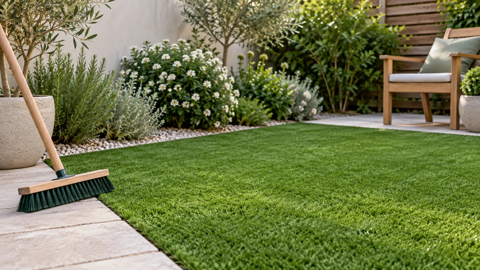 Jardín con césped artificial y cepillo para mantenimiento