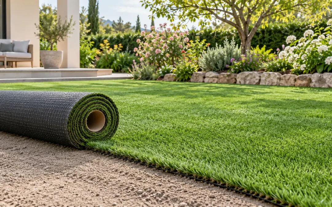 Rollo de césped artificial preparado para instalar en un jardín en primavera