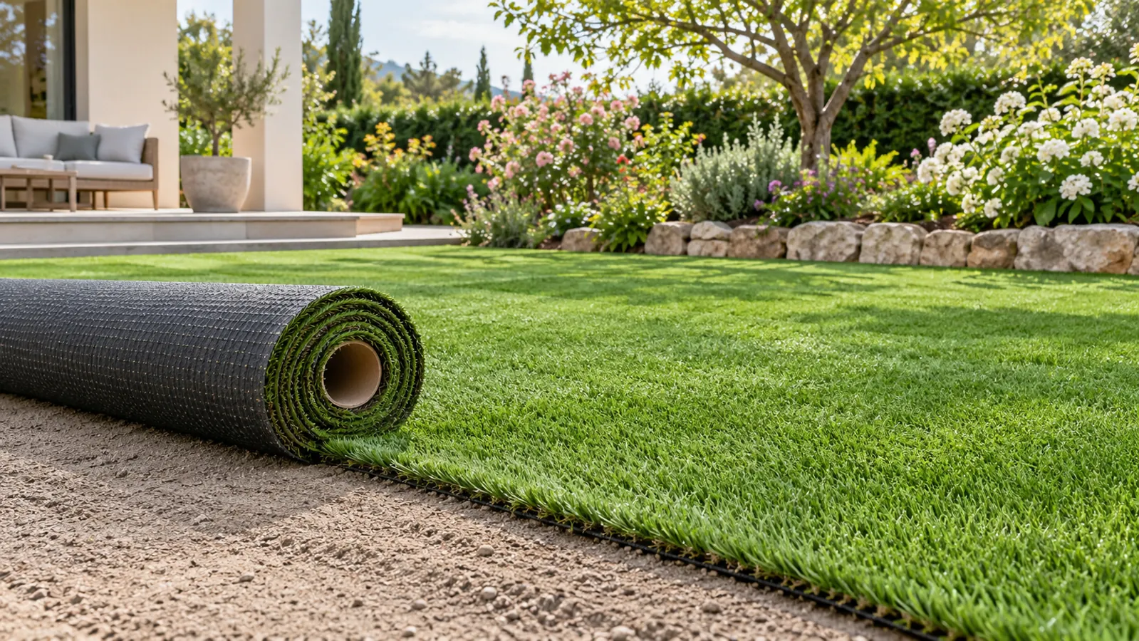 Rollo de césped artificial preparado para instalar en un jardín en primavera