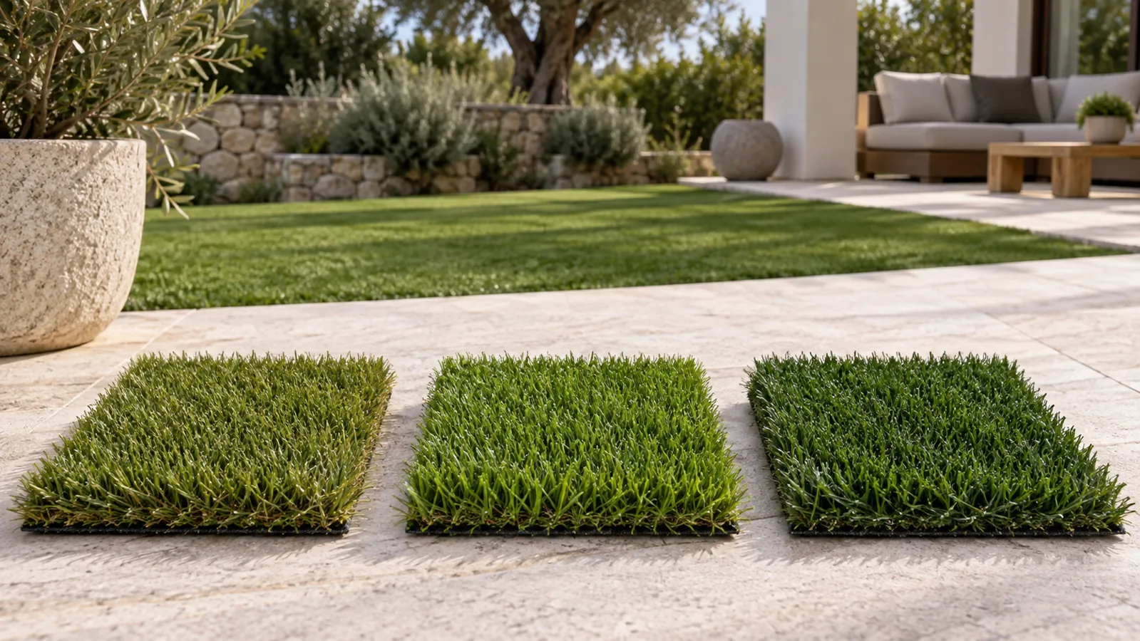 Muestras de césped artificial en diferentes tonos de verde