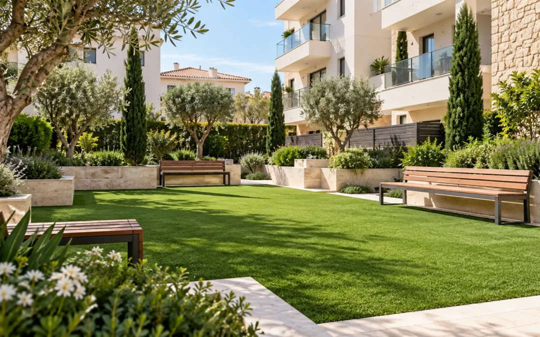 Jardín comunitario con césped artificial y bancos