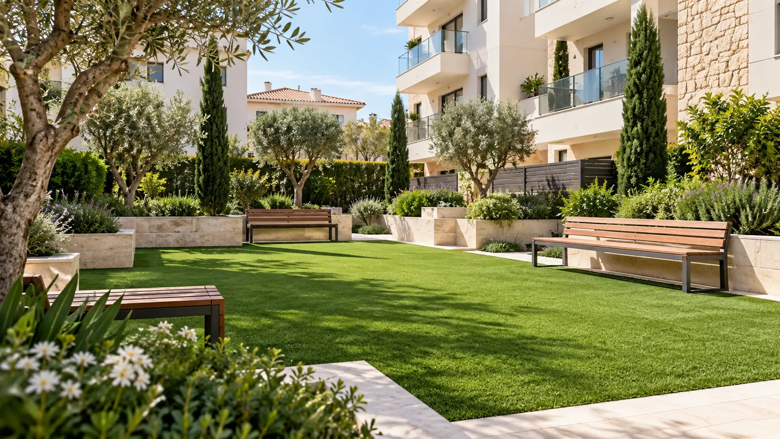 Jardín comunitario con césped artificial y bancos