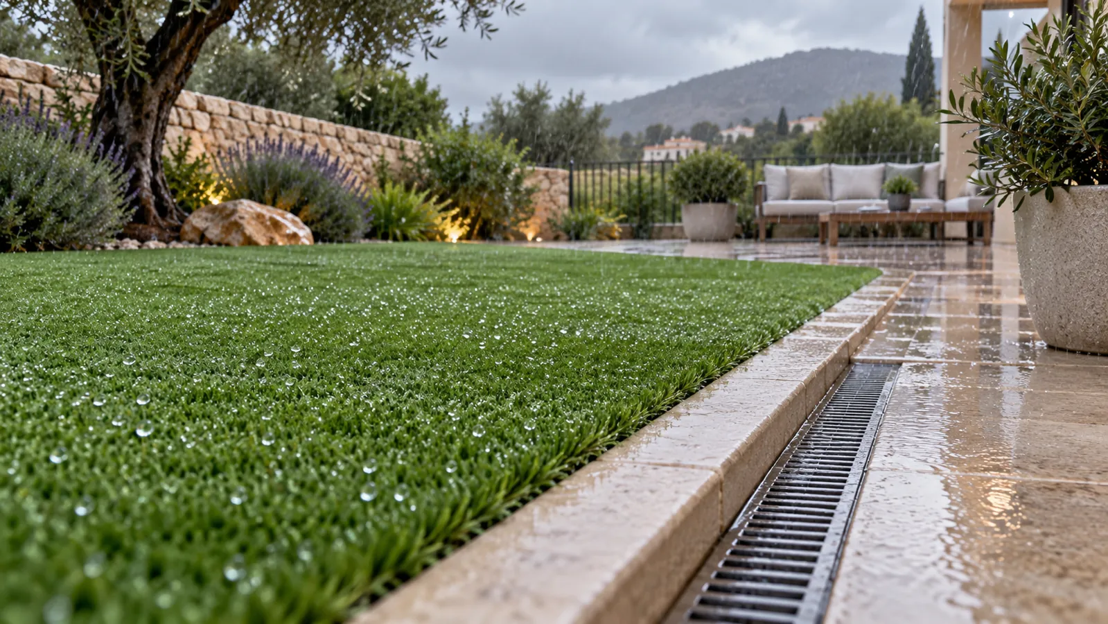 Lluvia sobre césped artificial junto a un desagüe
