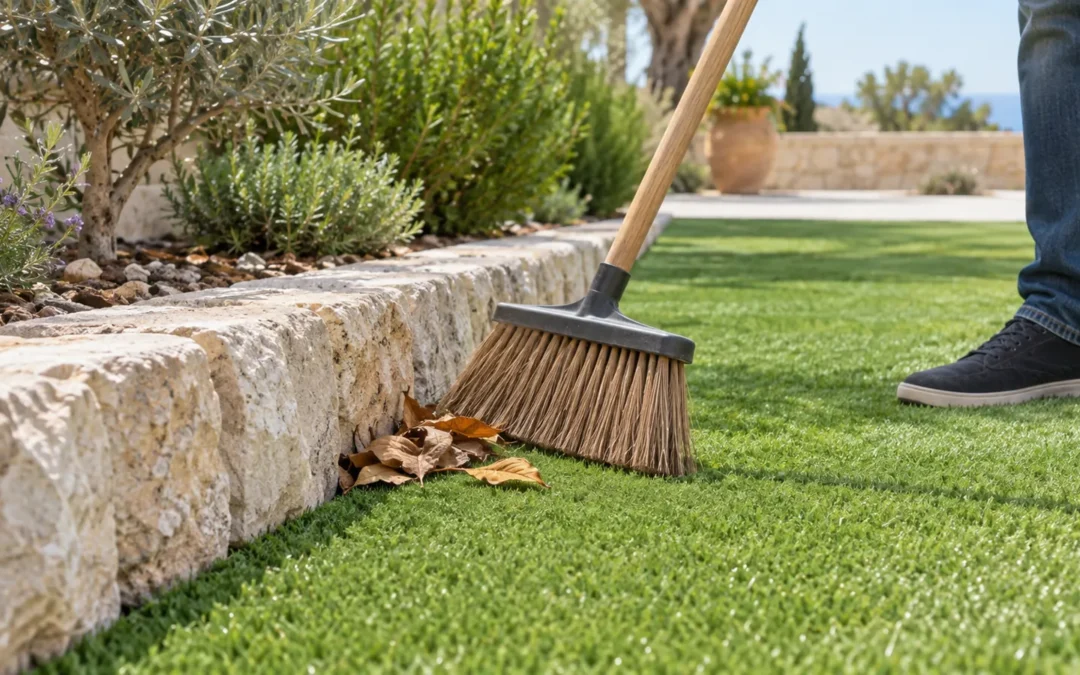 Retirada de hojas en el borde de un jardín con césped artificial