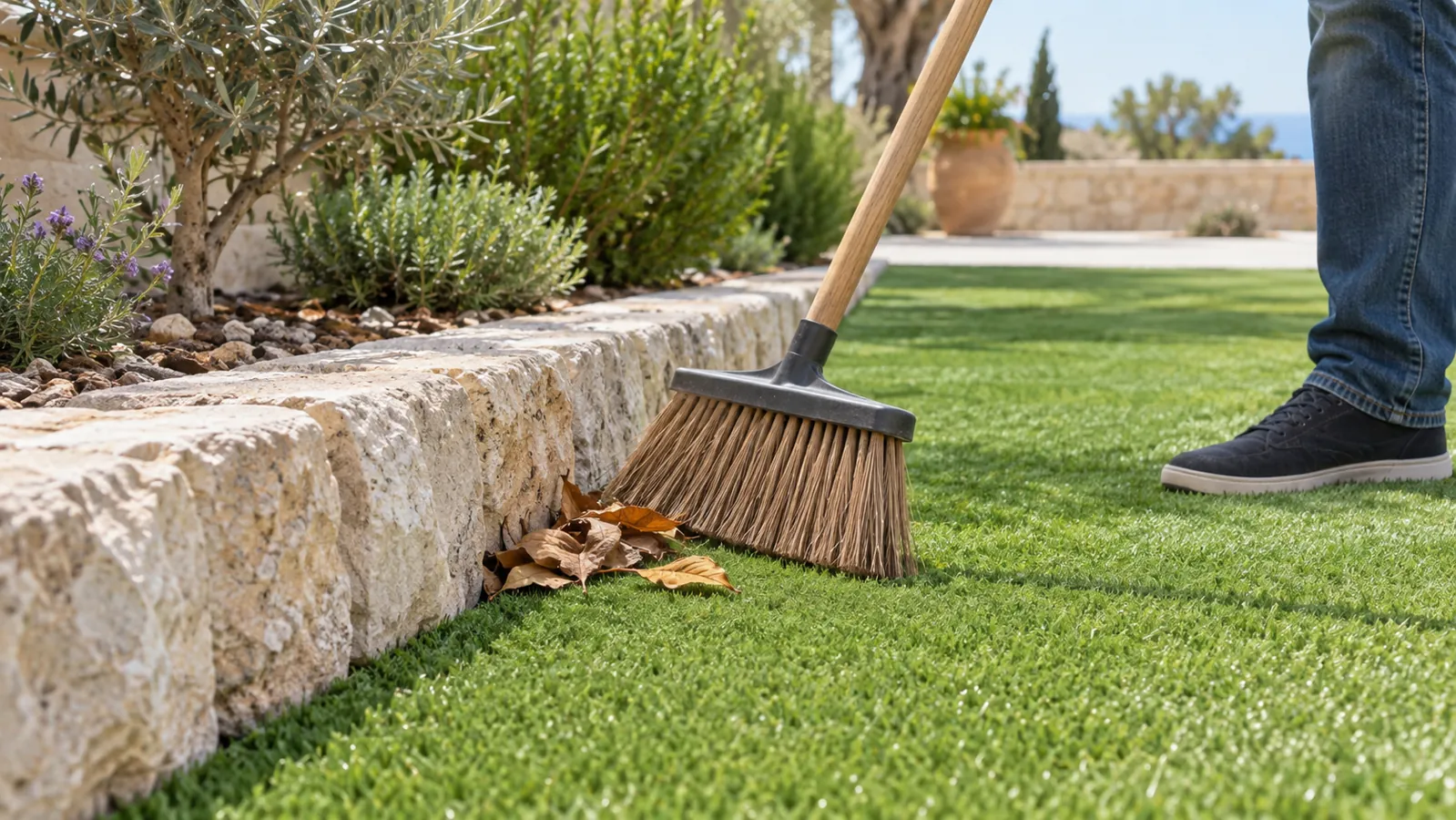Retirada de hojas en el borde de un jardín con césped artificial