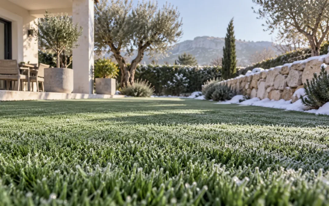 Escarcha sobre fibras de césped artificial en invierno