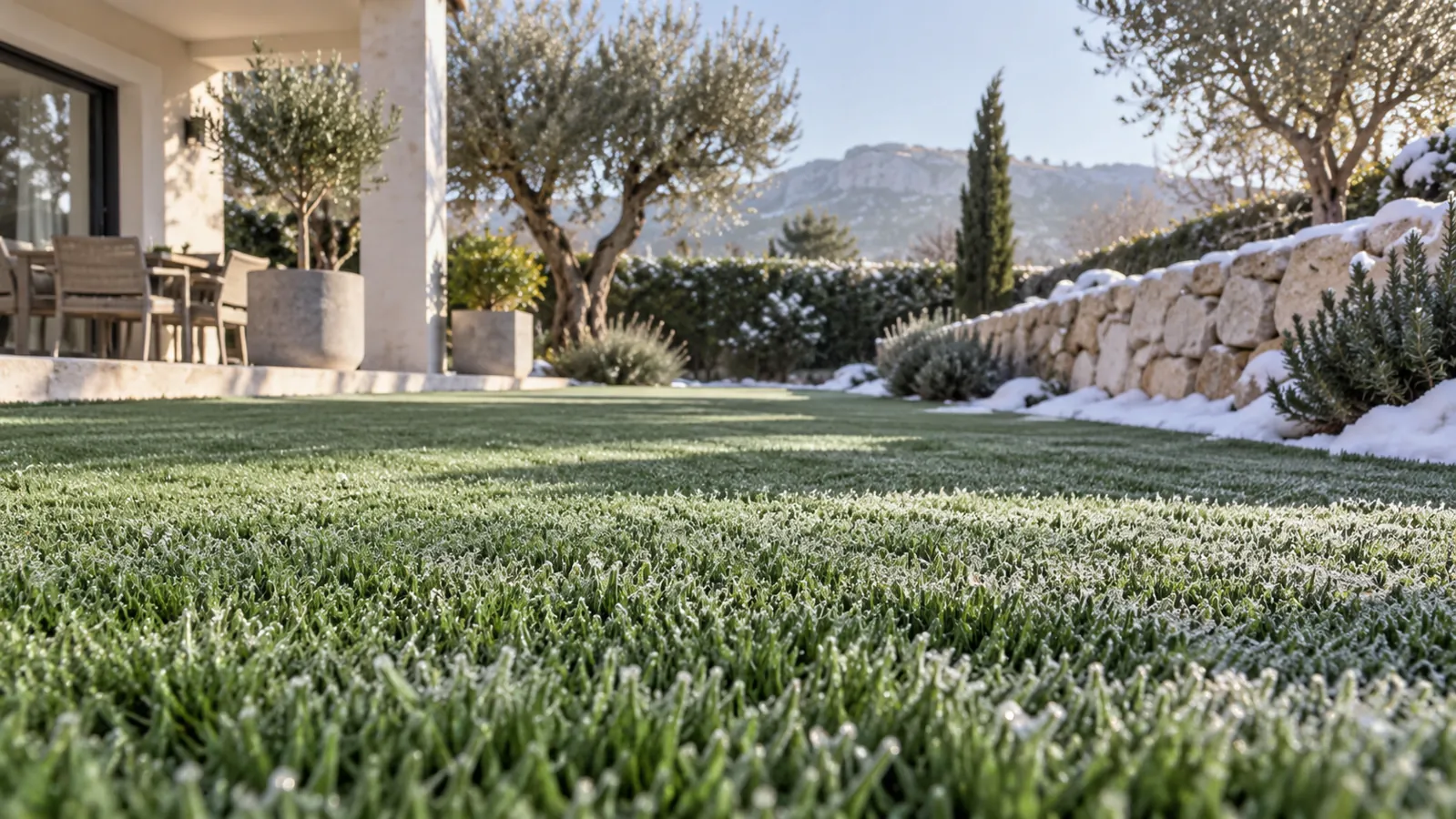 Escarcha sobre fibras de césped artificial en invierno