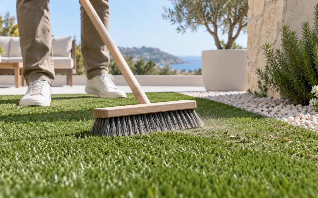 Cepillado del césped artificial para retirar polvo
