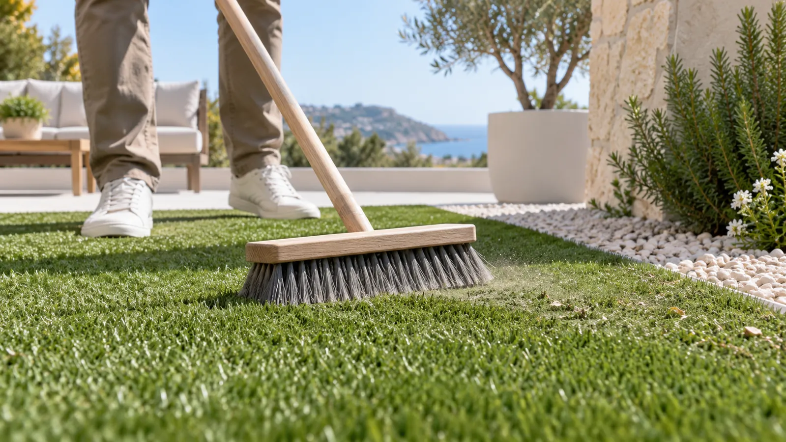 Cepillado del césped artificial para retirar polvo
