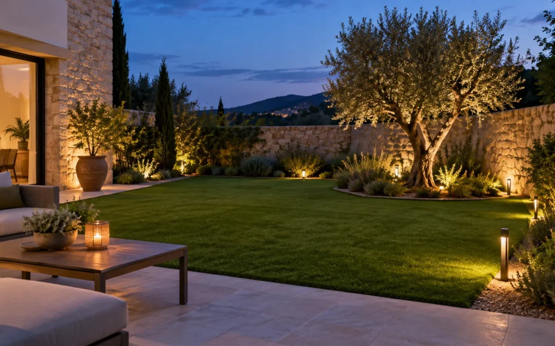 Jardín con césped artificial e iluminación cálida al anochecer