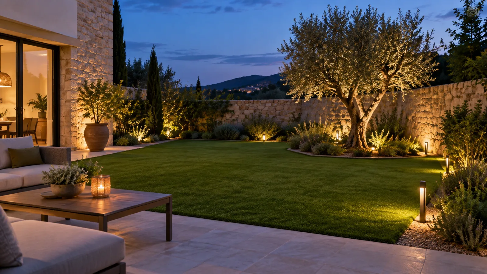 Jardín con césped artificial e iluminación cálida al anochecer