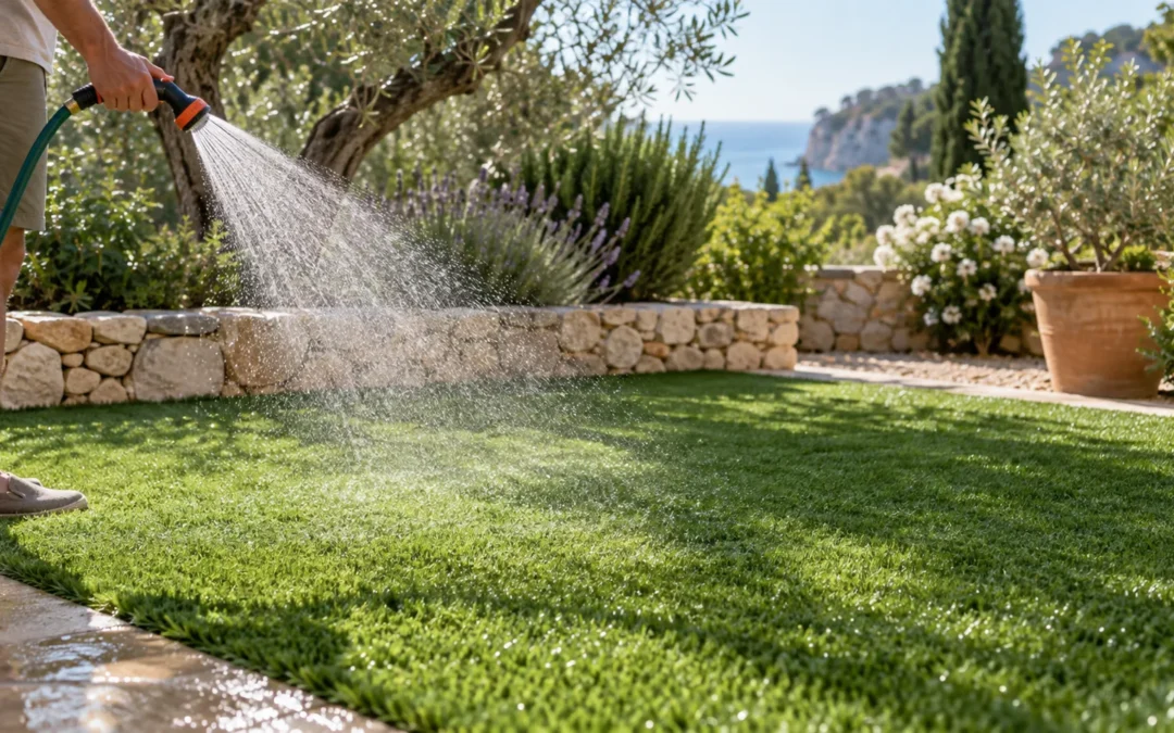 Aspersor refrescando un jardín con césped artificial en verano