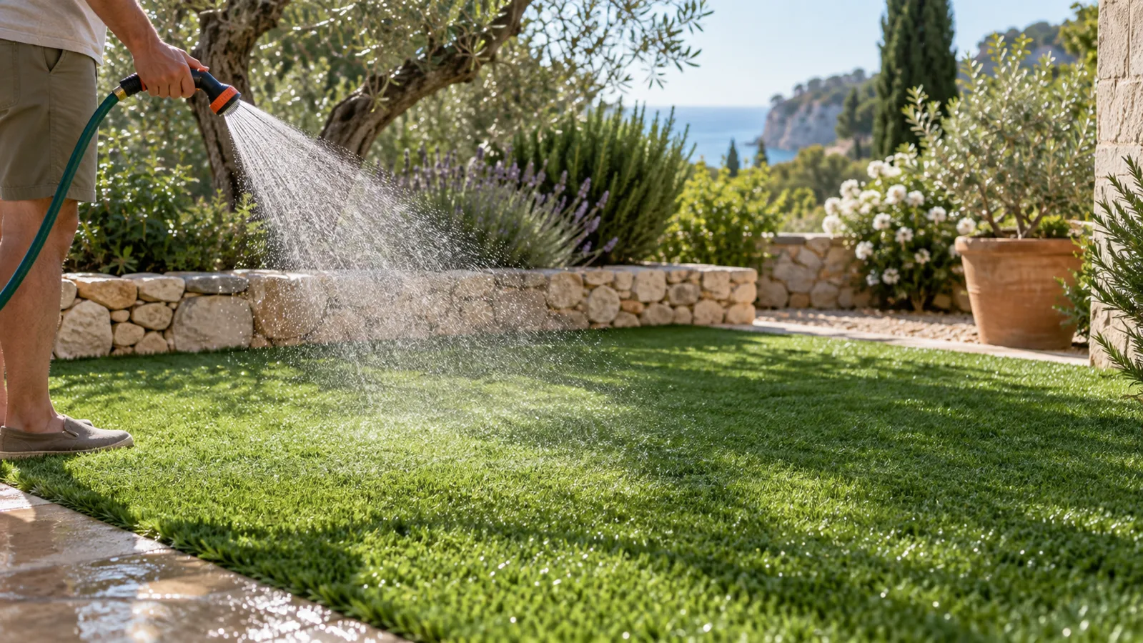 Aspersor refrescando un jardín con césped artificial en verano