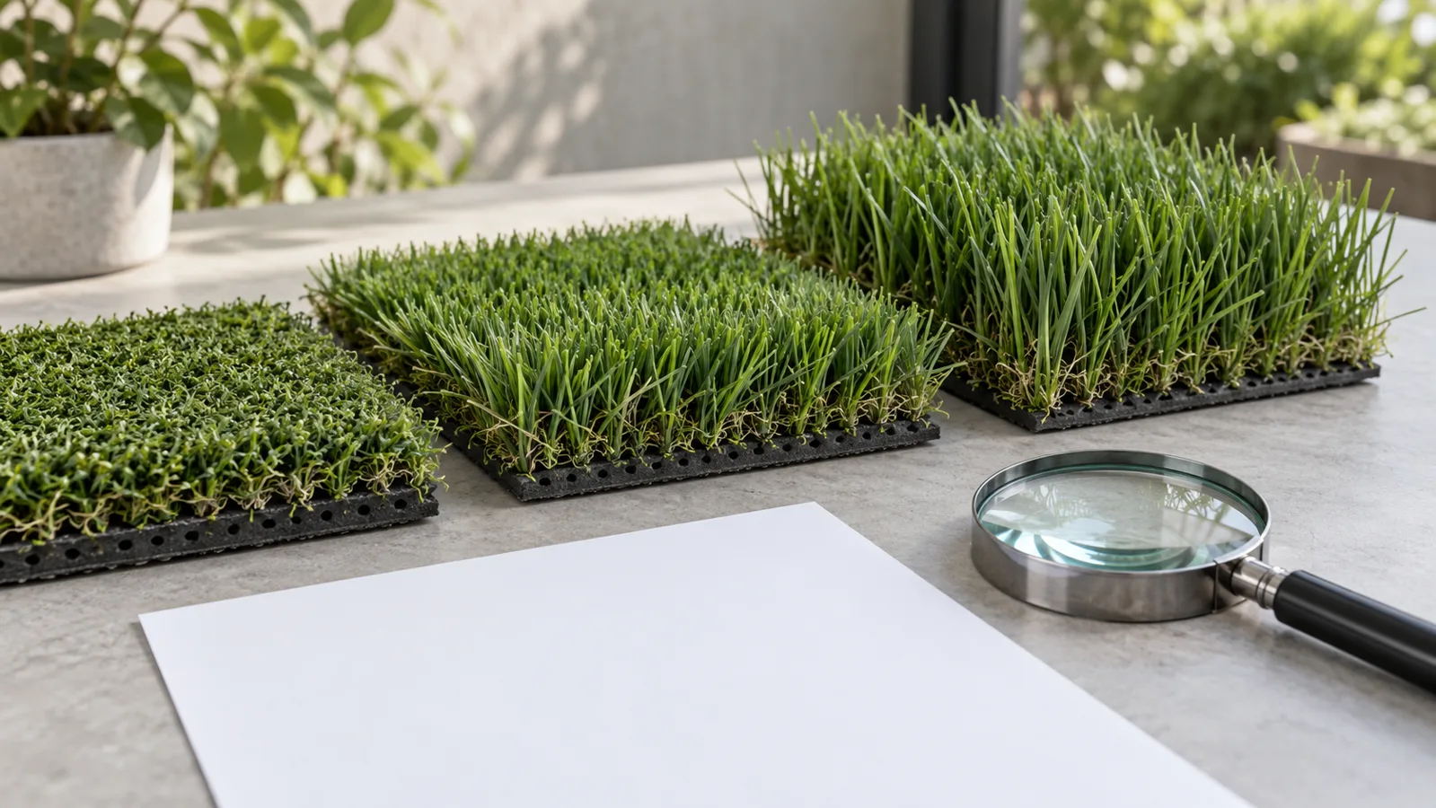 Muestras de césped artificial con diferentes alturas de fibra y una lupa Muestras de césped artificial con diferentes alturas de fibra y una lupa
