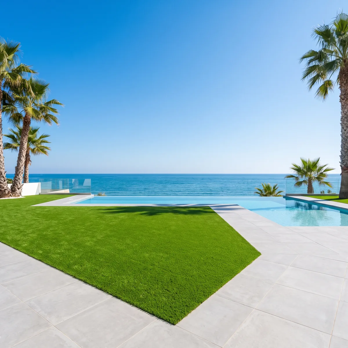 Césped artificial para jardín Imagen ilustrativa de césped artificial junto a una piscina en un entorno mediterráneo
