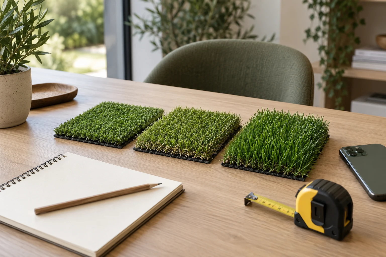 Muestras de césped artificial sobre una mesa de asesoramiento